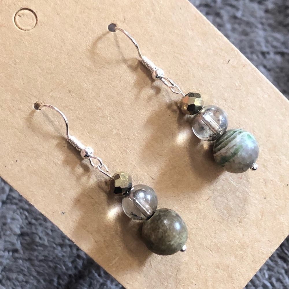 Handcrafted genuine stone ocean jasper crystal rhondelle dangle earrings